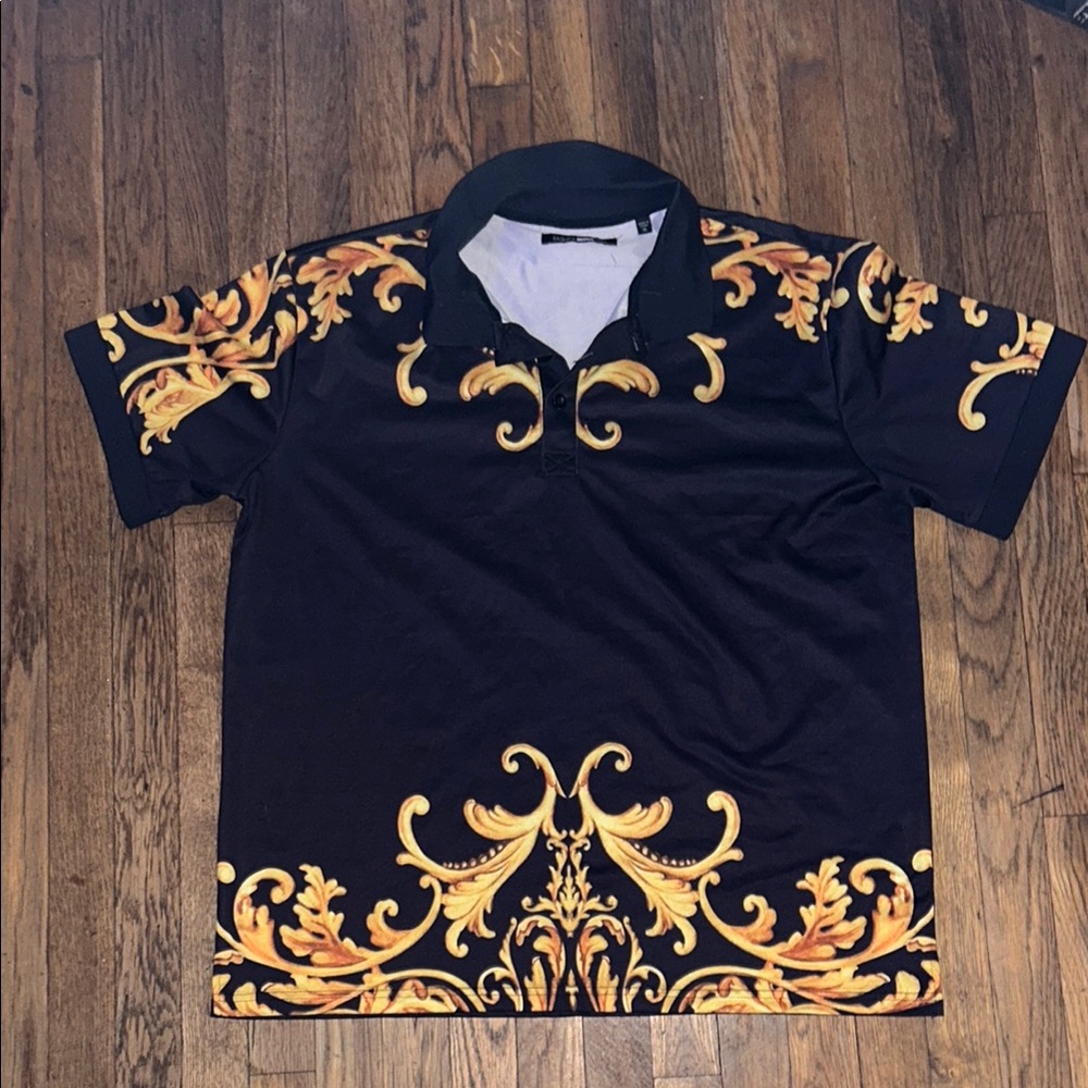 Fashion Nova Black and Gold Polo Shirt with Ornate Design